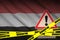 Yemen flag and Covid-19 quarantine yellow tape. Coronavirus or 2019-nCov virus