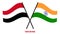 Yemen and India Flags Crossed And Waving Flat Style. Official Proportion. Correct Colors