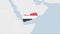 Yemen map highlighted in Yemen flag colors and pin of country capital Sana`a