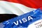 Yemen visa stamp in passport with VISA text. Passport traveling abroad concept. Travel to Yemen concept - selective focus,3D