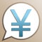 Yen sign. Bright cerulean icon in white speech balloon at pale taupe background. Illustration