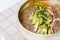 Yeolmunaengmyeon, korean style Buckwheat Noodles with YoungSummer Radish Kimchi, This dish features cold noodles in kimchi soup