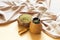 Yerba mate in calabash and wooden bowl with linen