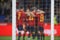 Yeremy Pino of Spain celebrates with team mates after scoring their team`s third goal