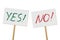 Yes and No signs banners on wood stick collection. Vector protest signs with Yes and No words isolated on white