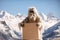 Yeti delivery service, employee holding blank cardboard box on mountain background. Generative AI