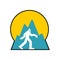Yeti and mountains symbol. Bigfoot and forest sign
