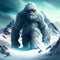 Yeti in the snow covered Himalaya mountains, mysterious furry creature walking in the frozen nature, Illustration