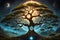 Yggdrasil, majestic tree of life from Norse mythology, branches entwining the cosmos, trunk aglow with divine radiance