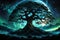 Yggdrasil, majestic tree of life from Norse mythology, branches entwining the cosmos, trunk aglow with divine radiance