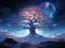 Yggdrasil Tree Of Life in Winter: The Sacred Tree Illuminated by Northern Lights. Generative AI