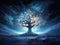 Yggdrasil Tree Of Life in Winter: The Sacred Tree Illuminated by Northern Lights. Generative AI