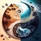Yin yang design with mountains and sea or ocean. Concept of duality.