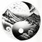 Yin yang design with mountains and sea or ocean. Concept of duality