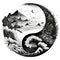 Yin yang design with mountains and sea or ocean. Concept of duality