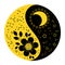 Yin Yang, symbol, flowers and the moon with the sun. Elegant yellow and black design for prints.