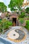 Yin Yang symbol placed in buddhist garden near the Wat Saket temple, Bangkok city, Thailand. Spiritual symbol is placed near the