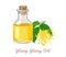 Ylang-ylang essential oil in glass bottle and yellow flower isolated