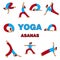 Yoga asanas icons illustration. 9 different poses. simple figure