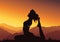 Yoga background. Young woman practicing yoga on mountain, silhouette - vector illustration