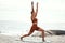 Yoga, balance and fitness with woman at the beach, pilates and zen in nature with exercise and body care outdoor