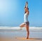Yoga, beach and woman stretching on blue sky mockup for mindset wellness, peace and calm in nature fitness. Healthy