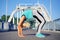 Yoga bridge pose on steel bridge background