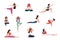 Yoga characters. Women doing yoga exercises, warming up and stretching various poses, meditation in gym. Healthy