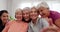Yoga class, face selfie or senior happy people for retirement exercise, club membership or community memory picture