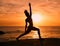 Yoga, exercise and silhouette of woman on beach at sunrise for fitness, training and pilates workout. Motivation