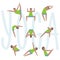 Yoga exercises. Cartoon yoga icon set good for yoga class, center, studio, poster and other design. Sketch with girl in tradition