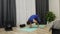 Yoga fail. Woman attempts crane or crow pose and falling down. Woman practicing yoga position. Female practices yoga crane pose. F