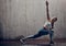 Yoga fitness training, woman and healthy outdoor stretch workout on city sidewalk. Sports runner warm up, motivation and