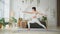 Yoga fitness workout training. Woman practicing yoga at home. Woman doing sports exercise on yoga mat on floor indoor