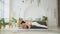 Yoga fitness workout training. Woman practicing yoga at home. Woman doing sports exercise on yoga mat on floor indoor