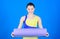 Yoga hobby and sport. Practicing yoga every day. Girl slim fit athlete hold fitness mat. Fitness and stretching