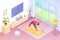 Yoga home, man doing exercise in room, isometric