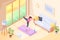 Yoga home, woman doing exercise in room, isometric