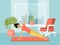 Yoga at home woman leads healthy lifestyle, relaxation, fitness and healthy rest, design, flat style vector illustration