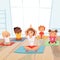 Yoga kids group. Children making exercises with instructor in gym vector cartoon background