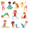 Yoga kids vector young child yogi character training sport exercise illustration healthy lifestyle set of cartoon boys