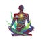Yoga lotus pose human unisex figure meditating in nature with grass and floral decoration.