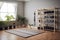 yoga mat, blocks, and strap neatly arranged in a serene home space