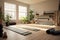 yoga mat, blocks, and strap neatly arranged in a serene home space