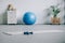 yoga mat, dumbbells, plastic bottle of water and fitness ball in living room