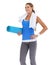 Yoga mat, health and young woman in studio for health, body or pilates workout. Sports, towel and portrait of happy