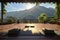 A yoga mat placed on a wooden deck with breathtaking mountains as the backdrop, Landscape view of a peaceful yoga retreat in the