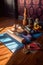 yoga mat and props on a hardwood floor