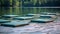 Yoga mats afloat on tranquil lake