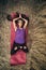 Yoga meditation concept, top view girl lying on yoga mat